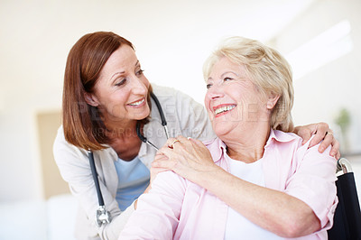 Buy stock photo Consulting, smile and support with old woman and caregiver for rehabilitation, healthcare and volunteer. Medical, retirement home and trust with senior patient and nurse for elderly care monitor