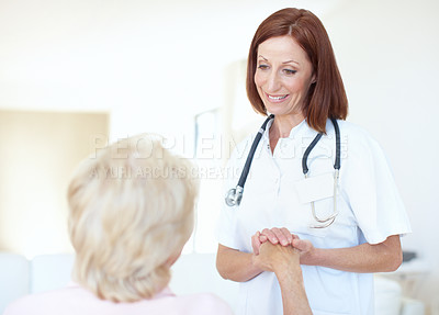 Buy stock photo Holding hands, healthcare and support with old woman and nurse for rehabilitation, volunteer and results. Medical, retirement home and trust with senior patient and caregiver for elderly care monitor