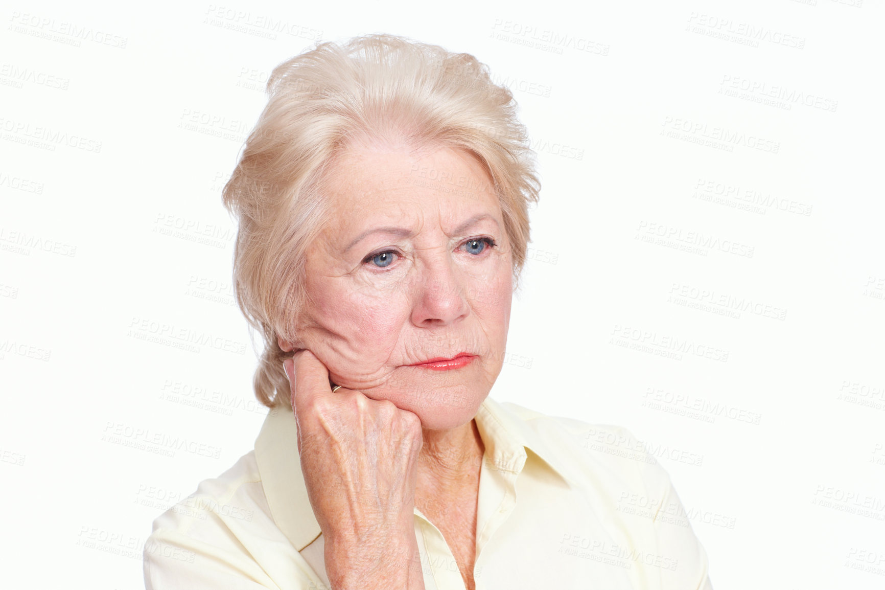 Buy stock photo Studio, senior woman and sad with thinking for nostalgic memory, remember and mental health. Serious, female person and pensioner with thoughts in retirement, white background and reflection of past