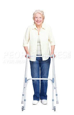 Buy stock photo Senior, portrait and happy woman with walker for healthcare, retirement or old age home on a white studio background. Elderly, model or person with a disability, smile or walking aid for assistance