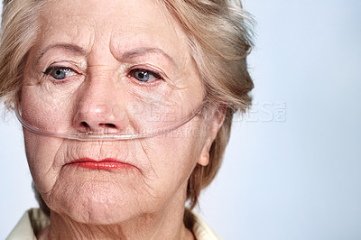 Buy stock photo Studio, senior woman and thinking with oxygen tube for recovery, healing and medical service for health. Retirement, patient and sick with nasal ventilation for pneumonia, asthma and white background