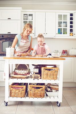 Buy stock photo Mother, girl and rolling pin for dough in kitchen, preparation and teaching child skill in home. Mama, daughter and love for helping with cookies, cooking wheat and kid learning to bake dessert