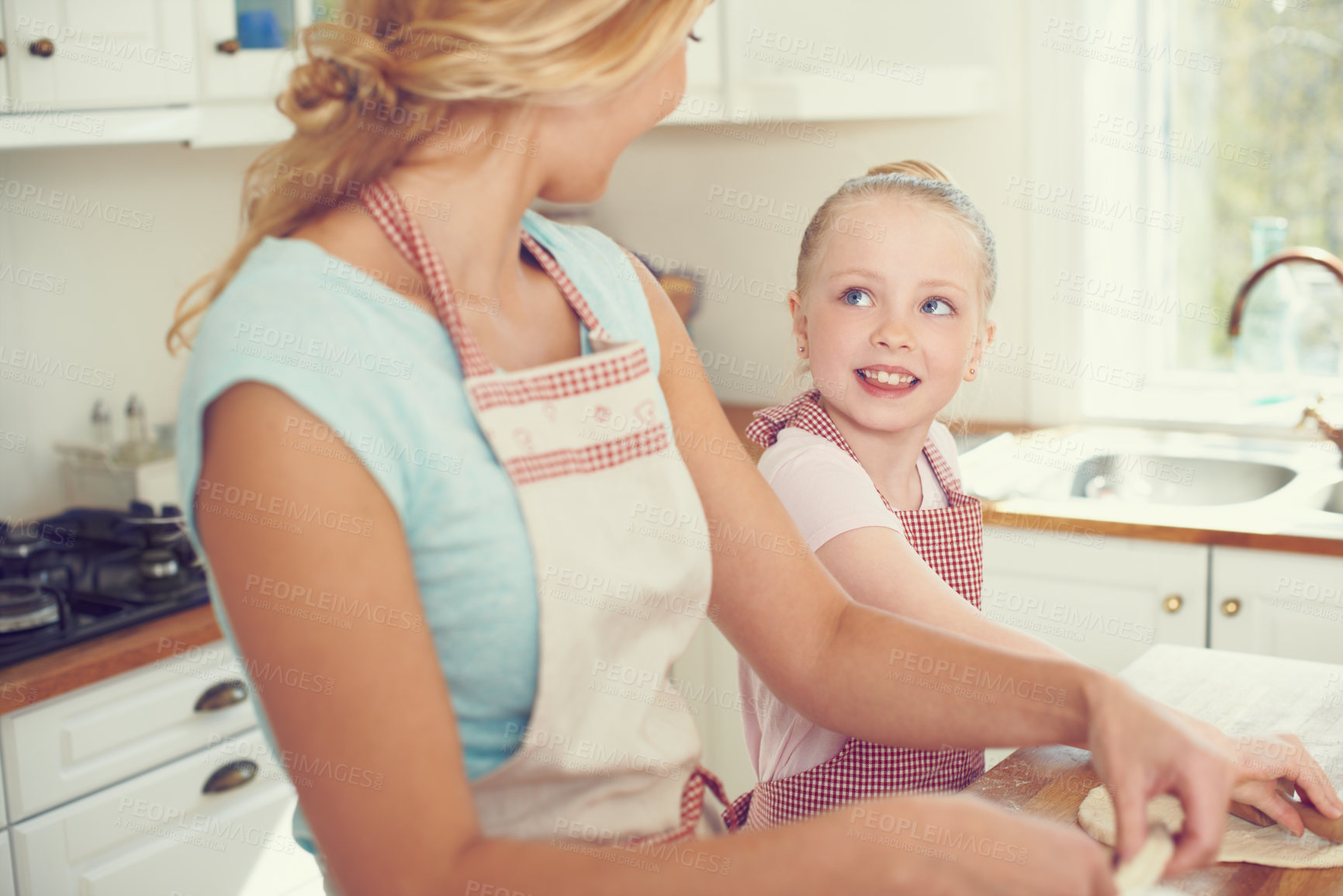 Buy stock photo Mother, girl and dough for cake in kitchen, preparation and teaching child skill in home. Mama, daughter and love for helping with cookies, cooking wheat and kid learning to bake dessert or pastry