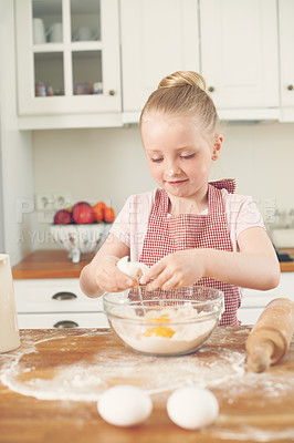 Buy stock photo Baking, happy and child in kitchen with eggs for learning to bake cake, dessert and pancakes. Development, culinary skills and young girl with ingredients, recipe and food for sweet treats in home