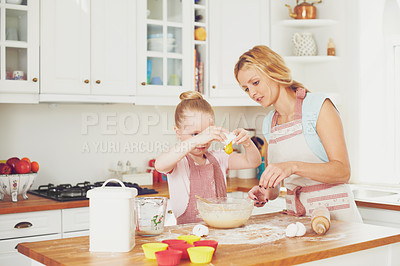 Buy stock photo Egg, kid and mom in kitchen baking with teaching, learning and morning bonding together for lunch. Love, mother and daughter with help, ingredients and recipe for breakfast cookies with child baker