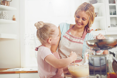 Buy stock photo Home, girl and mom with fun baking for teaching, learning and morning bonding together. Love, mother and daughter with child development, ingredients or cake mix recipe in kitchen for happy kid baker