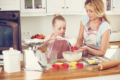 Buy stock photo Kitchen, girl and mom with fun baking for help teaching, learning and morning bonding together. Love, mother and daughter with child development, ingredients or cupcake recipe in home for kid baker