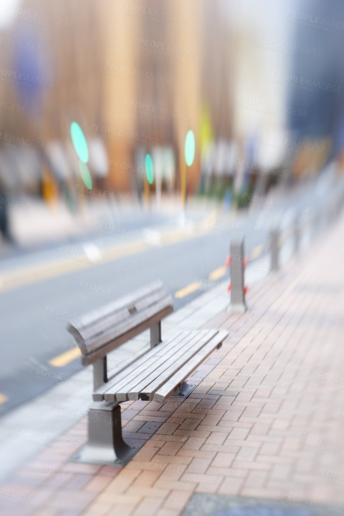 Buy stock photo Motion blur of empty city bench in Wellington, New Zealand. Public seating along sidewalk downtown. Traveling abroad, overseas for holiday, vacation, exploring town. Having a panic and anxiety attack