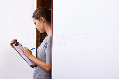 Buy stock photo Customer, writing and sign on clipboard for delivery for logistics of inventory and supply chain information. Woman, signature and survey for courier of shipping, distribution or ecommerce compliance