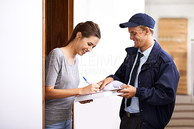 Buy stock photo Delivery, courier and woman in home sign documents, forms and application for package, parcel and box. Online shopping, ecommerce and people with paperwork for shipping, supply chain and distribution
