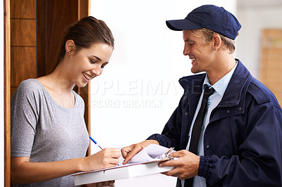 Buy stock photo Delivery, online shopping and woman sign documents, forms and application for package, parcel and box. Courier, ecommerce and people with paperwork for shipping, supply chain and distribution in home