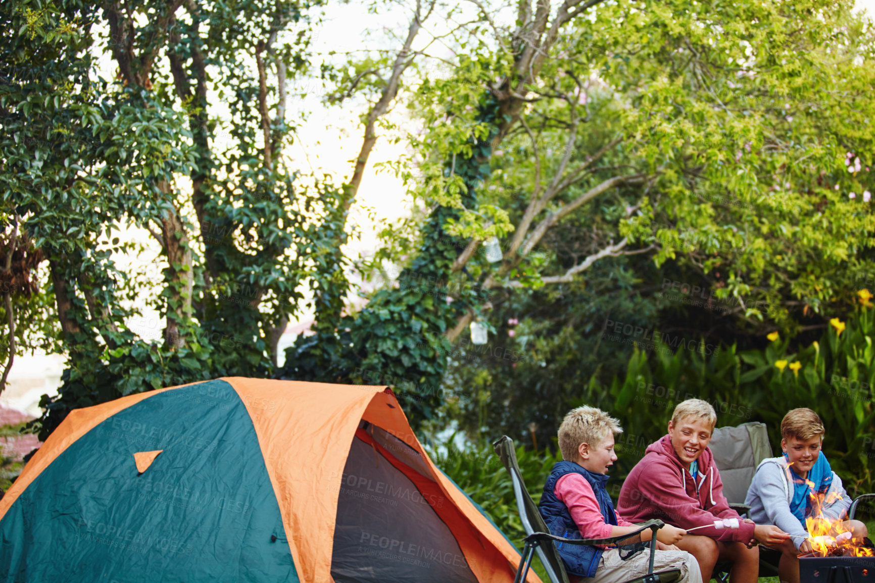 Buy stock photo Cropped shot of three young boys sitting by the campfire