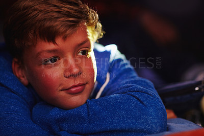Buy stock photo Cropped shot of a pensive young boy on camp