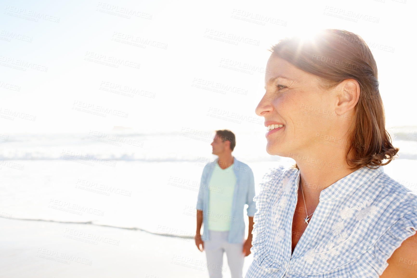 Buy stock photo View, woman or couple at sea for space or love on vacation, anniversary or honeymoon holiday. Smile, mockup or people with smile on date at beach together for travel, bonding or ocean trip adventure