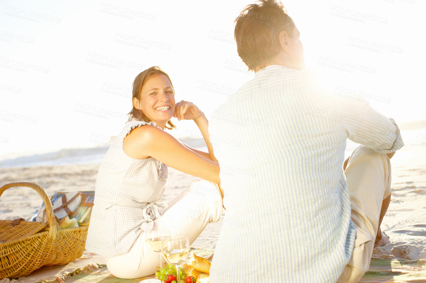 Buy stock photo Ocean, picnic and couple with love, wine and back for summer vacation in Miami. Mature man, woman and smile with basket, sea holiday and bonding for relationship anniversary or weekend by beach