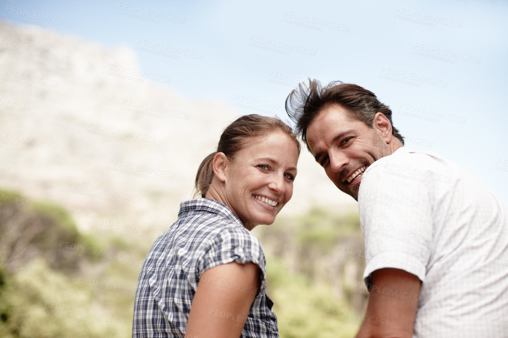 Buy stock photo Couple, portrait and outdoor vacation on mountain, love and bonding adventure in Costa Rica. Happy people, sustainable honeymoon and together on holiday, romance and weekend trip for connection