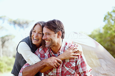 Buy stock photo Couple, laughing and outdoor vacation for camping, love and bonding adventure in Costa Rica. Happy people, sustainable honeymoon and together on holiday, romance and weekend trip for connection