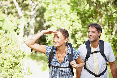 Buy stock photo Couple, explore and happy in nature for hiking, fitness and adventure with bonding, love and support. Man, woman and  exercise outdoor for view, health and trekking with journey, travel and walking