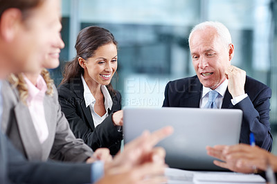 Buy stock photo CEO, team meeting and business people on laptop for discussion, planning and problem solving. Happy group, computer and mature manager brainstorming ideas, finance solution or reading email in office