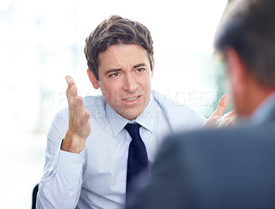 Buy stock photo Men, hr and meeting with complaint in office for disciplinary warning, corporate conflict and punishment policy. People, discussion and administration of performance review, bankruptcy risk and blame