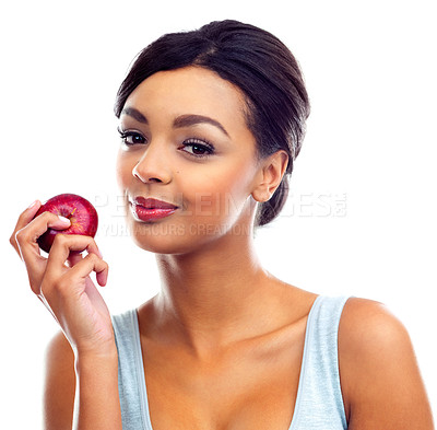 Buy stock photo Woman, portrait and apple in studio for organic beauty, wellness and natural skincare with benefits. Female model, smile and fruit on white background with mockup for cosmetics, facial and nutrition