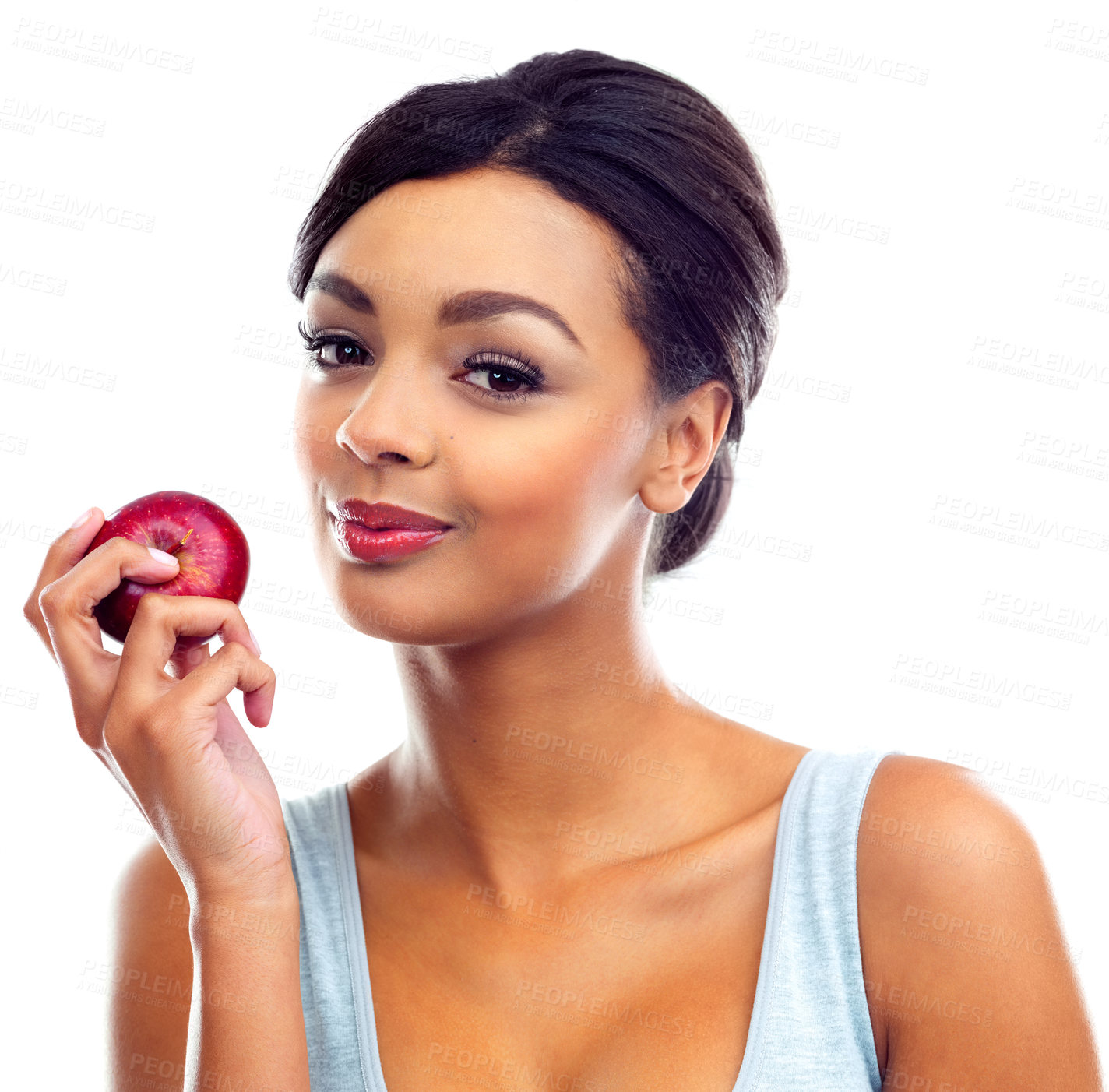Buy stock photo Woman, portrait and apple in studio for organic beauty, wellness and natural skincare with benefits. Female model, smile and fruit on white background with mockup for cosmetics, facial and nutrition