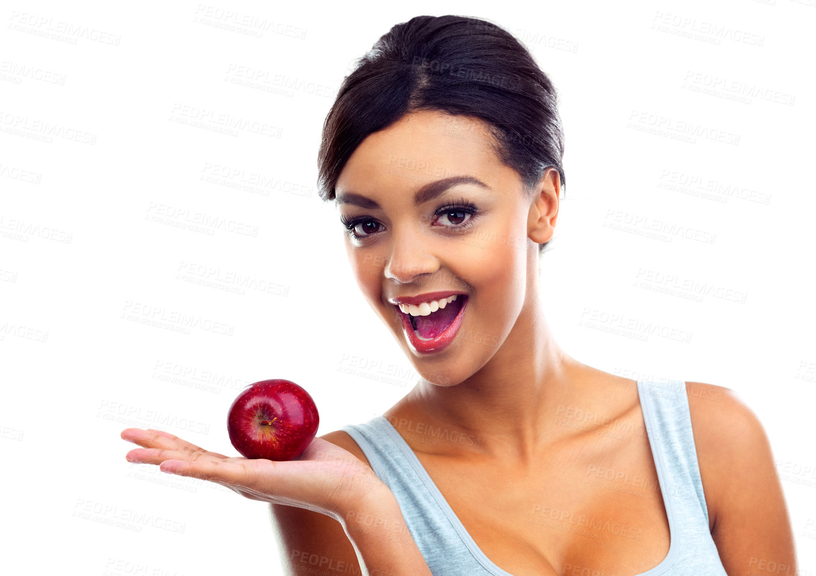 Buy stock photo Nutritionist, portrait and apple in studio with smile for organic diet, wellness and natural food. Woman, detox and fruit on isolated white background with mockup for nutrition, health and benefits