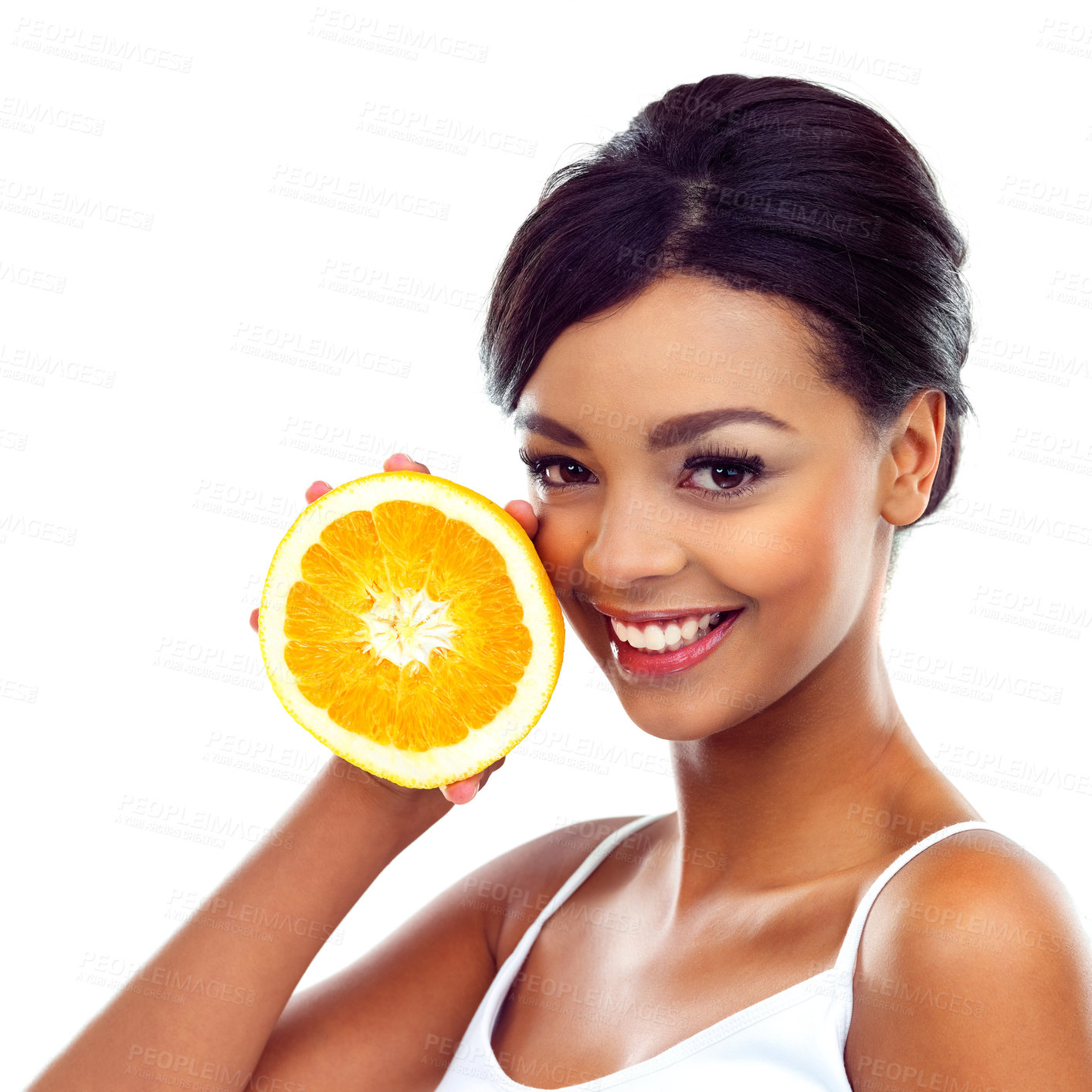 Buy stock photo Portrait, smile and woman with orange, nutrition and sustainable eating to lose weight in studio. Fruit, face and girl with fresh food for detox diet, vitamin c and gut health on white background.