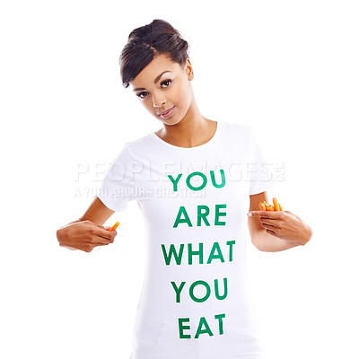 Buy stock photo African woman, studio and portrait for fashion or vegan with statement, tshirt with announcement for health. Female model, clothes and white background for consumer awareness, vegetables for diet