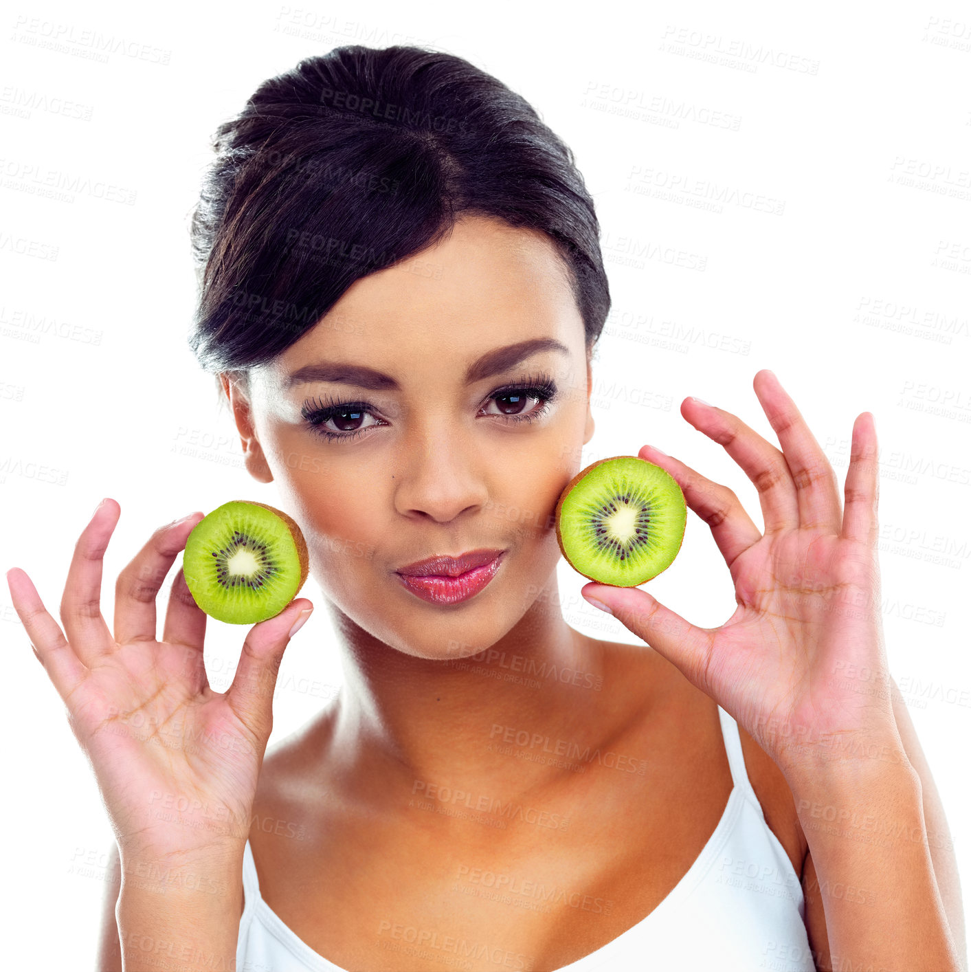 Buy stock photo Portrait, diet and woman with kiwi, nutrition and sustainable eating to lose weight in studio. Citrus fruit, face and girl with fresh food for detox, vitamin c and gut health on white background.