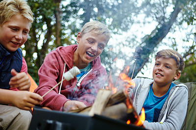 Buy stock photo Cropped shot of three young boys cooking marshmallows over the campfire