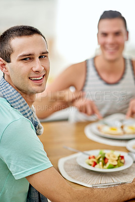 Buy stock photo Portrait of a gay couple having lunch together