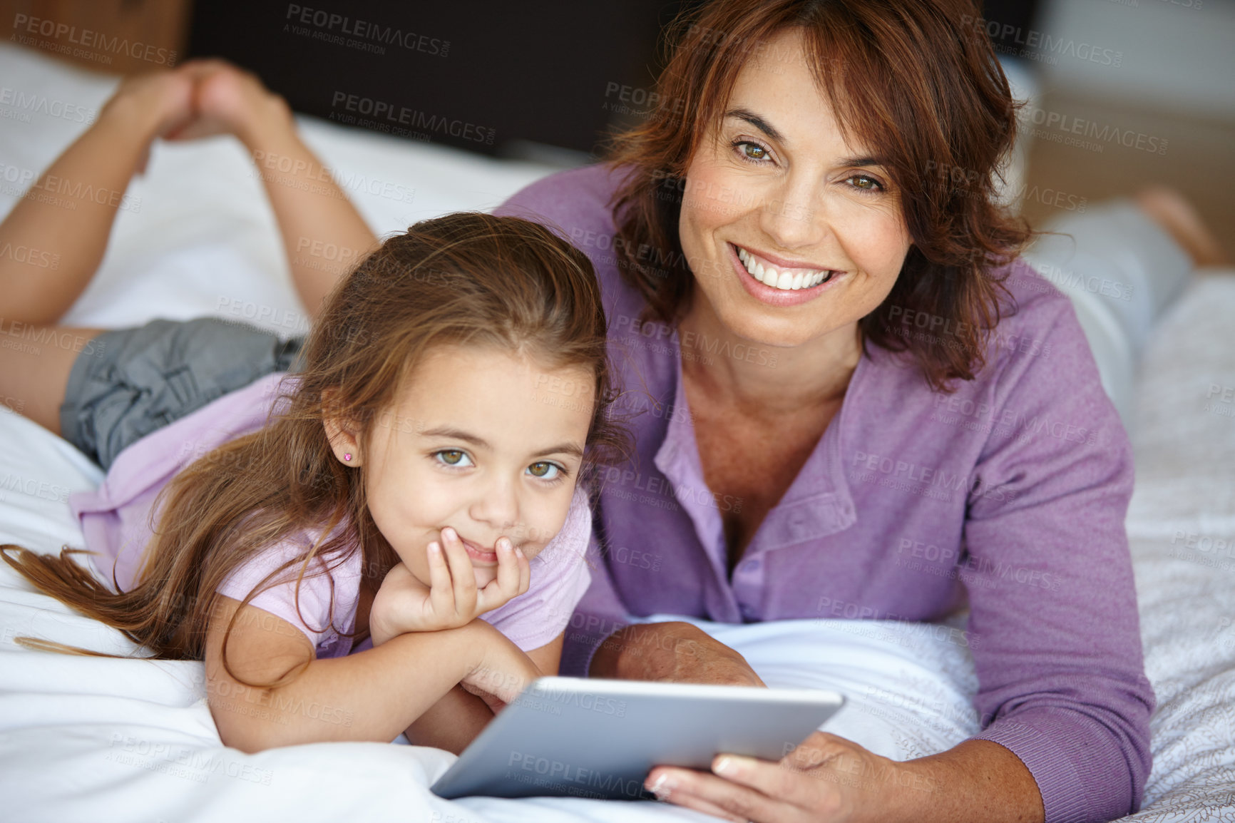 Buy stock photo Portrait, mom and kid with tablet at house for social media, browsing website and family bonding. Woman, child and digital for streaming movies, play games and cartoons subscription for weekend break