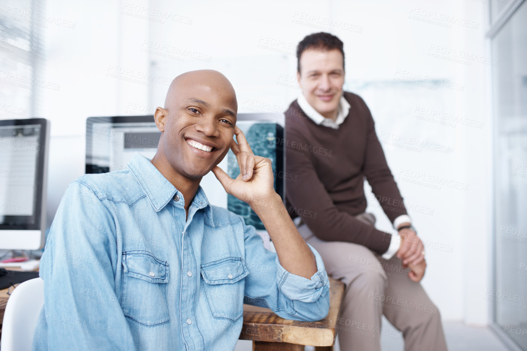 Buy stock photo Portrait, smile and web development with business people in creative workplace for computer programming. Agency, collaboration and face of designer man with colleague in office for graphic design