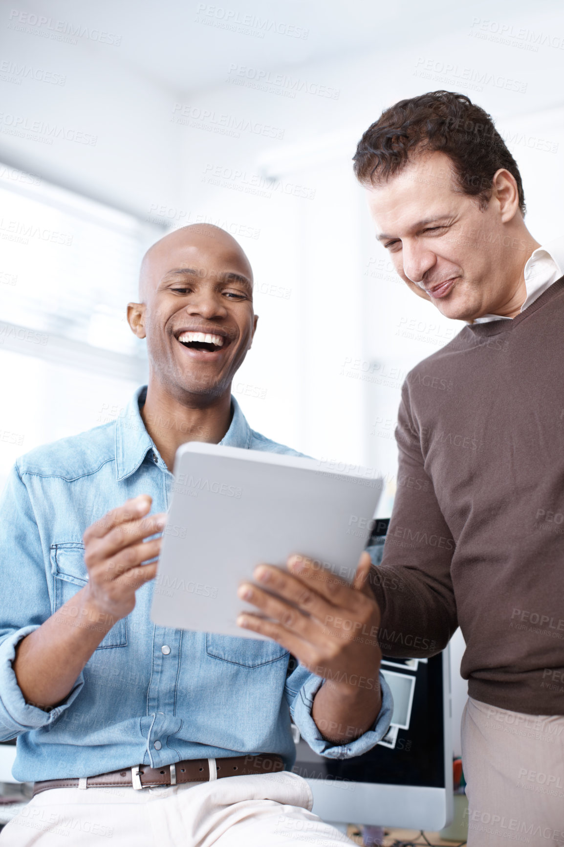 Buy stock photo Happy, people and tablet for web development in office for programming, report and design feedback. Men, reading and digital with creative proposal, maintenance solution and IT information of project