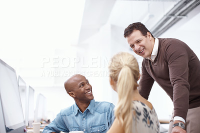 Buy stock photo Coaching, computer and web development with business people in creative workplace for meeting. Collaboration, programming or training with happy man and woman designer group in office together