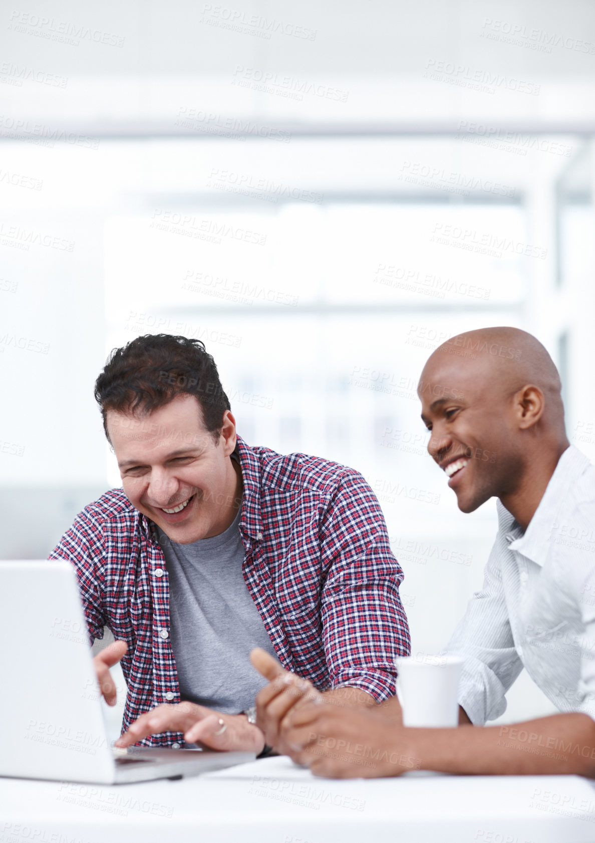 Buy stock photo Business men, laptop and laughing for collaboration, planning or brainstorming in office. Creative startup, employees and meeting with training, advice or project management research communication
