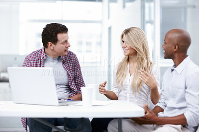 Buy stock photo Business, employees and meeting at office with laptop for creative ideas, strategy or planning as web designer. Diversity, people and happy or smile with discussion for project deadline and teamwork