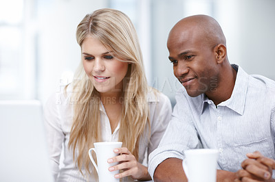 Buy stock photo Computer, creative business people and team planning, cooperation and brainstorming ideas in startup. Collaboration, office and discussion on technology for project, content writing and editing story