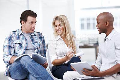 Buy stock photo Business, people and meeting at office with strategy for creative ideas, briefing and plan as social media manager. Diversity, employees and happy with discussion or notes for project deadline