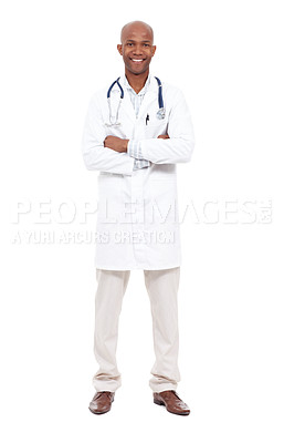 Buy stock photo Full length studio portrait of a young african american doctor standing with his arms folded