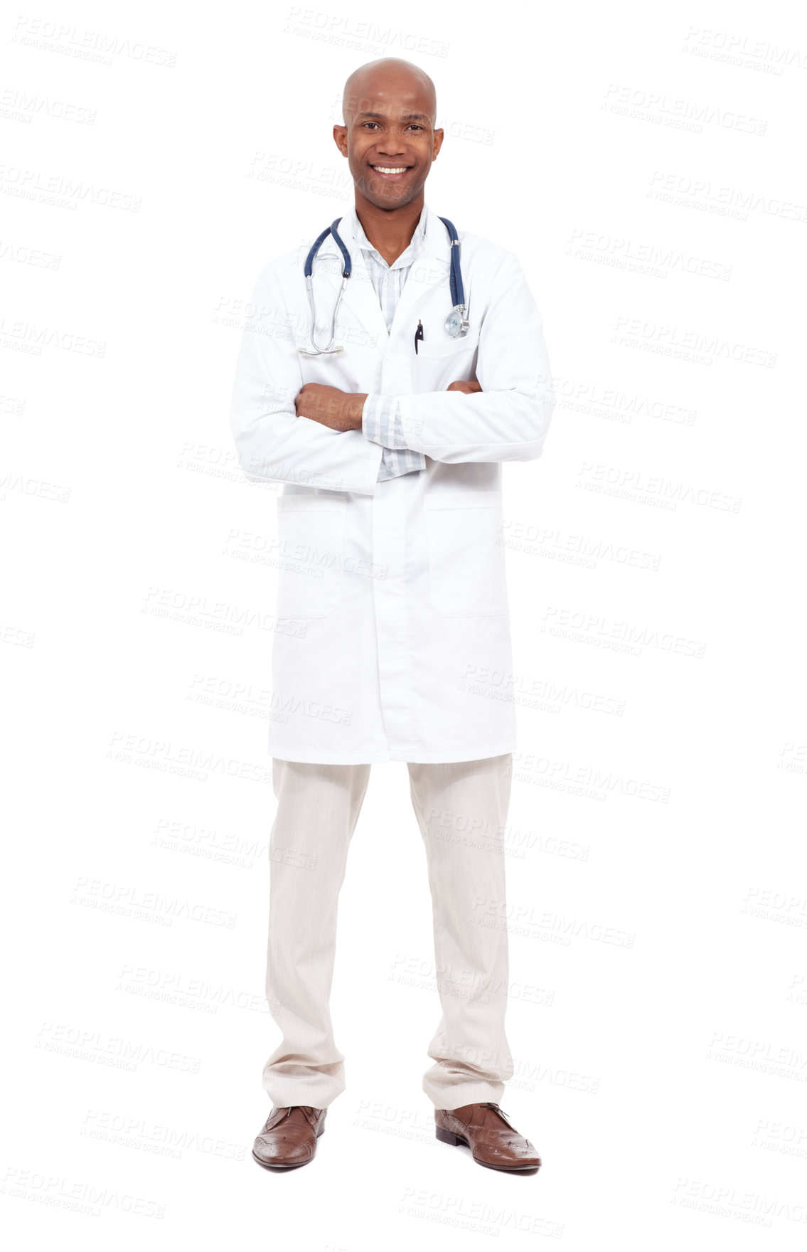 Buy stock photo Doctor, portrait and arms crossed with confidence, medical and healthcare success of African man. Studio, cardiology and wellness professional with smile and happy from work with white background