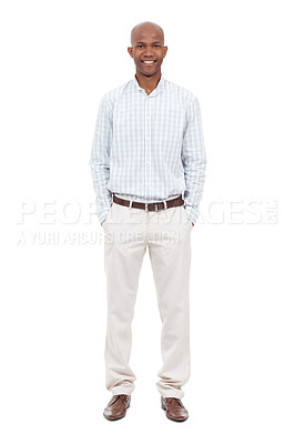 Buy stock photo Full length studio portrait of a young african american man dressed casually and standing with his hands in his pockets
