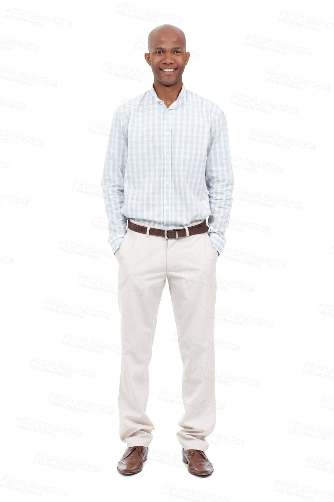 Buy stock photo Full length studio portrait of a young african american man dressed casually and standing with his hands in his pockets
