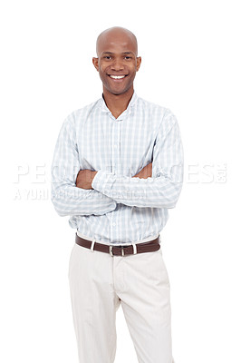 Buy stock photo Studio portrait of a young african american man dressed casually and standing with his arms crossed