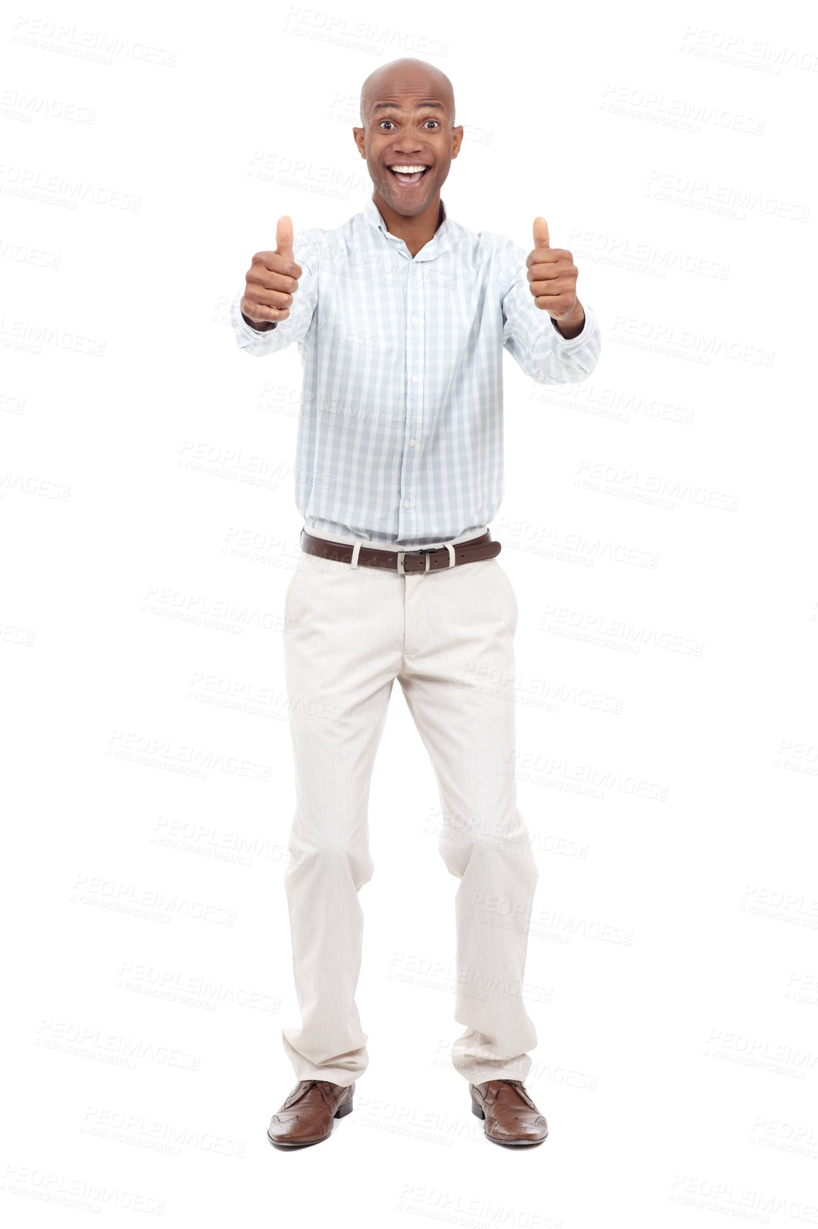 Buy stock photo Full length studio portrait of an excited young man giving two thumbs up to the camera and smiling broadly