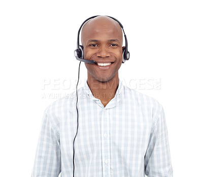 Buy stock photo Studio portrait of a young african american man dressed casually while wearing a telephone headset