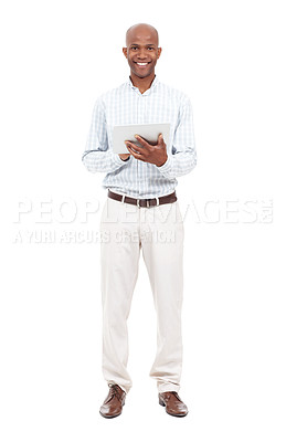 Buy stock photo Full length studio protrait of a young african american man using a digital tablet while smiling at the camera