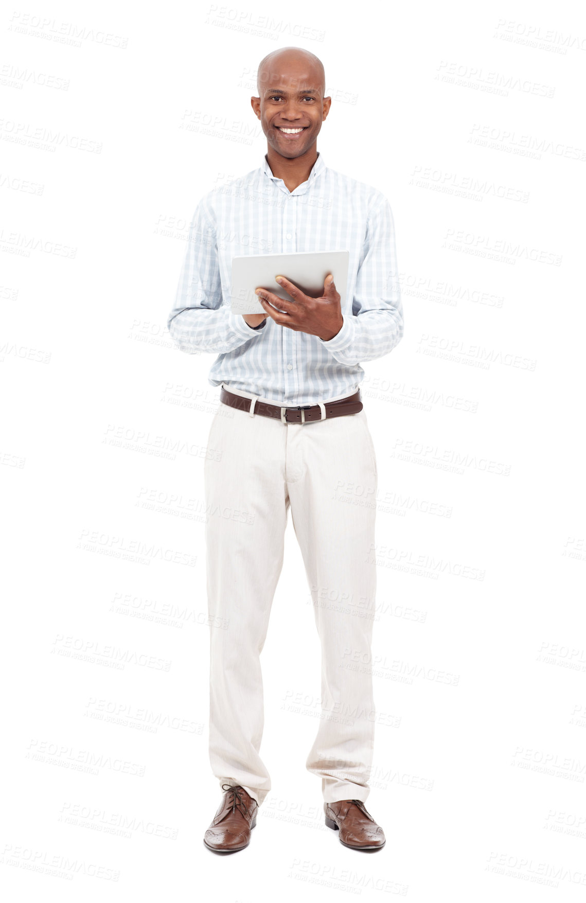 Buy stock photo Tablet, smile and portrait of black man for business on white studio background space. African entrepreneur, happy and digital technology for research, online email and creative copywriter in Rwanda