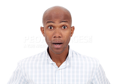 Buy stock photo Head and shoulders studio portrait of a surprised-looking african american man isolated on white